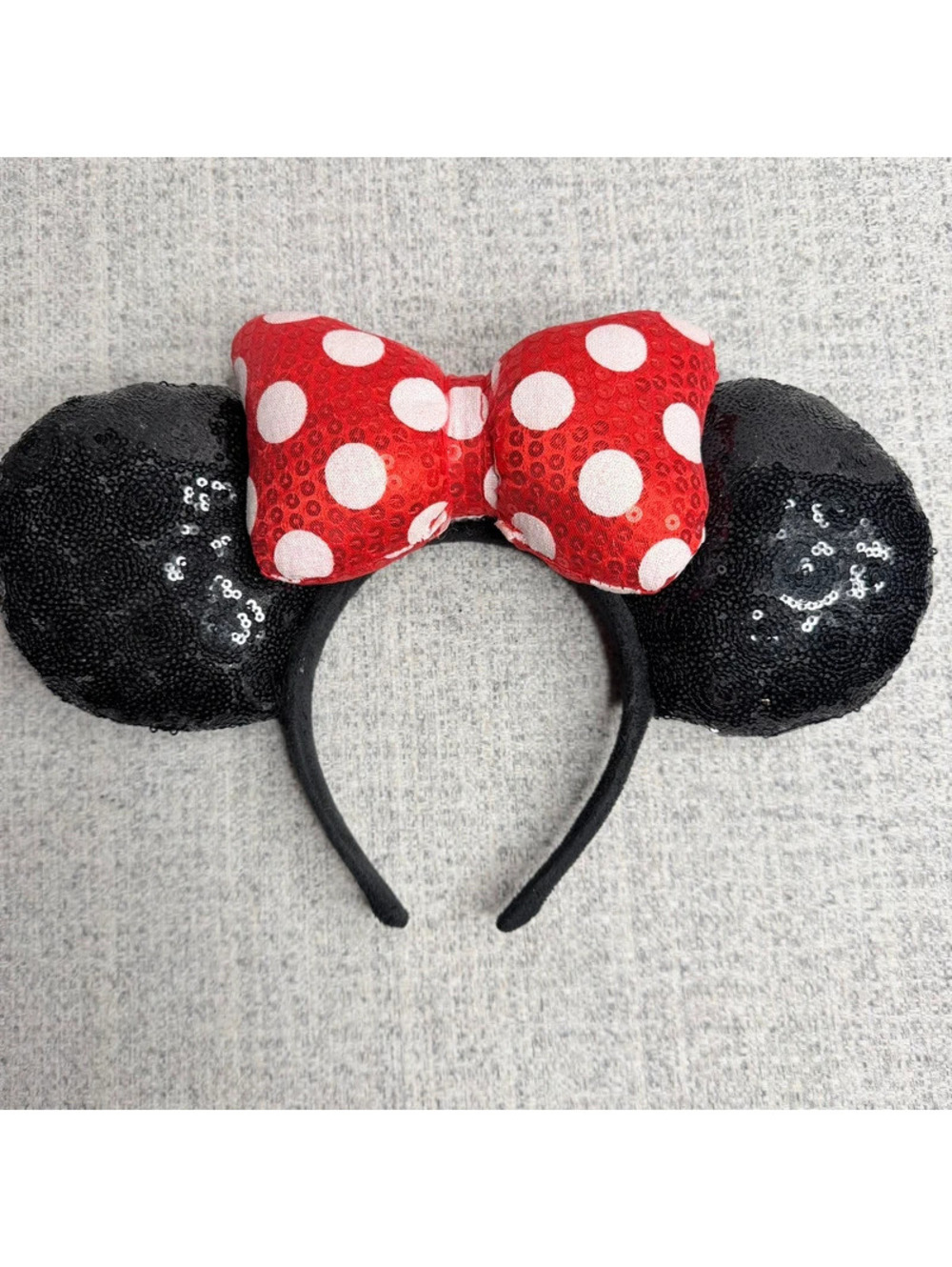 Disney Minnie Mouse Sequin Ears Headband Red Polka Dot Bow Mickey Parks Costume